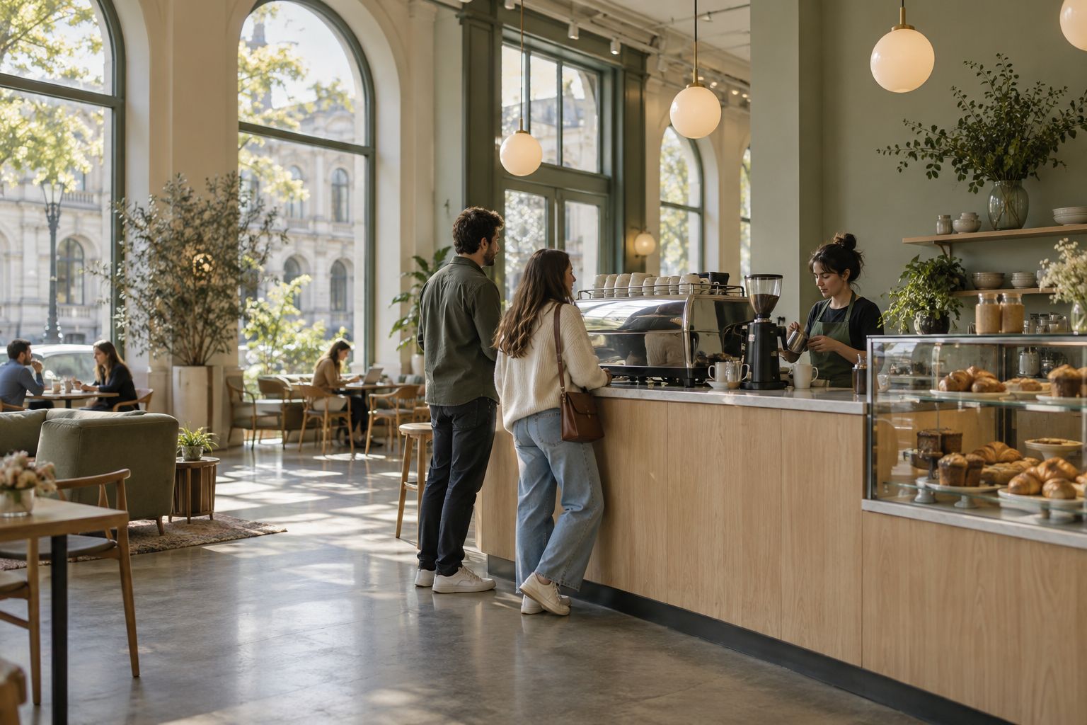 Inside Le Café at the CN Tower — a light, warm café counter with pastries and people ordering coffee