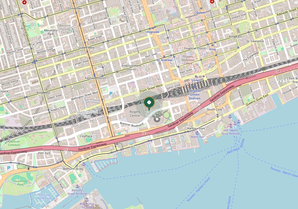 Map showing Le Café at the CN Tower on Front Street West, near Union Station in downtown Toronto