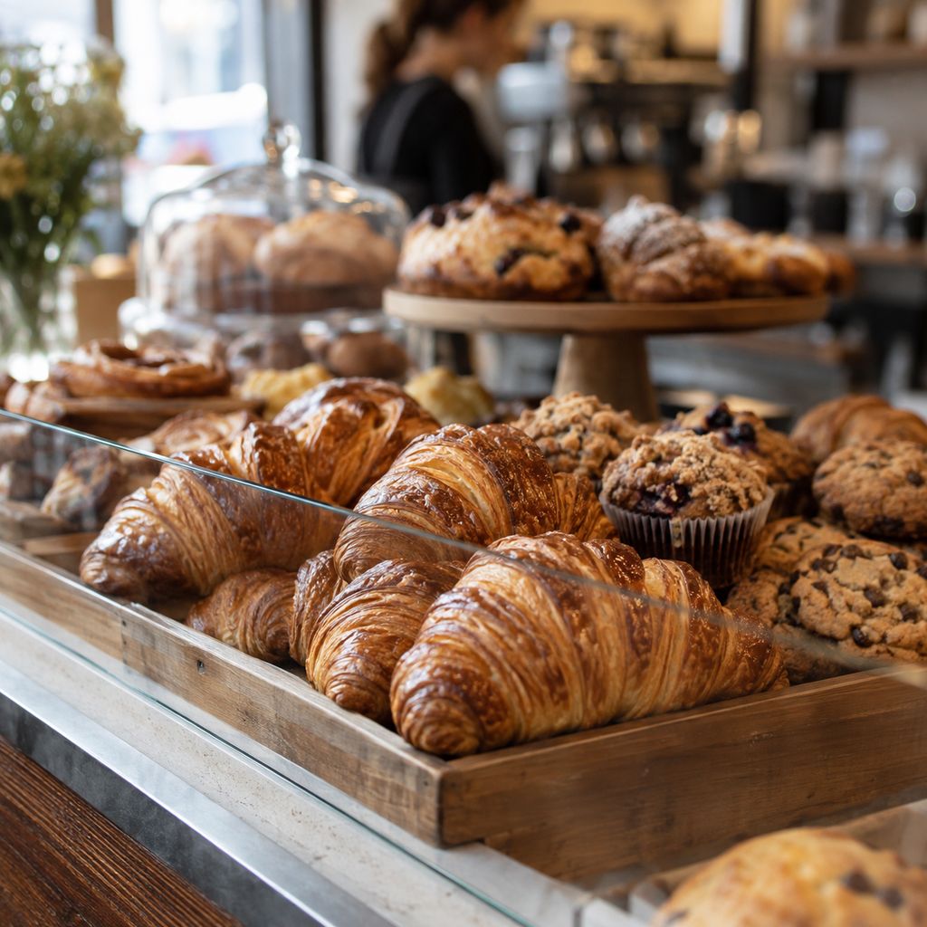 A case of fresh croissants, muffins and pastries at Le Café