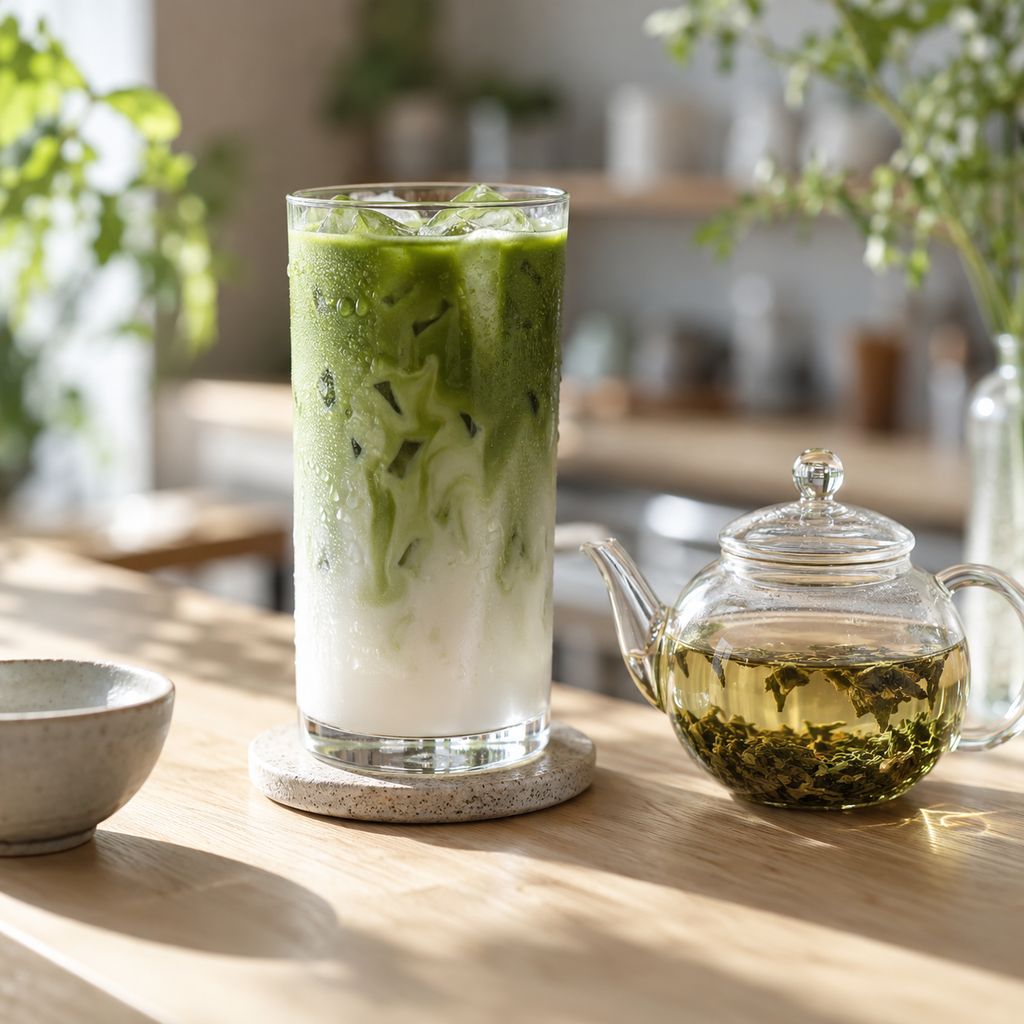 A glass of iced matcha and a pot of loose-leaf tea at Le Café
